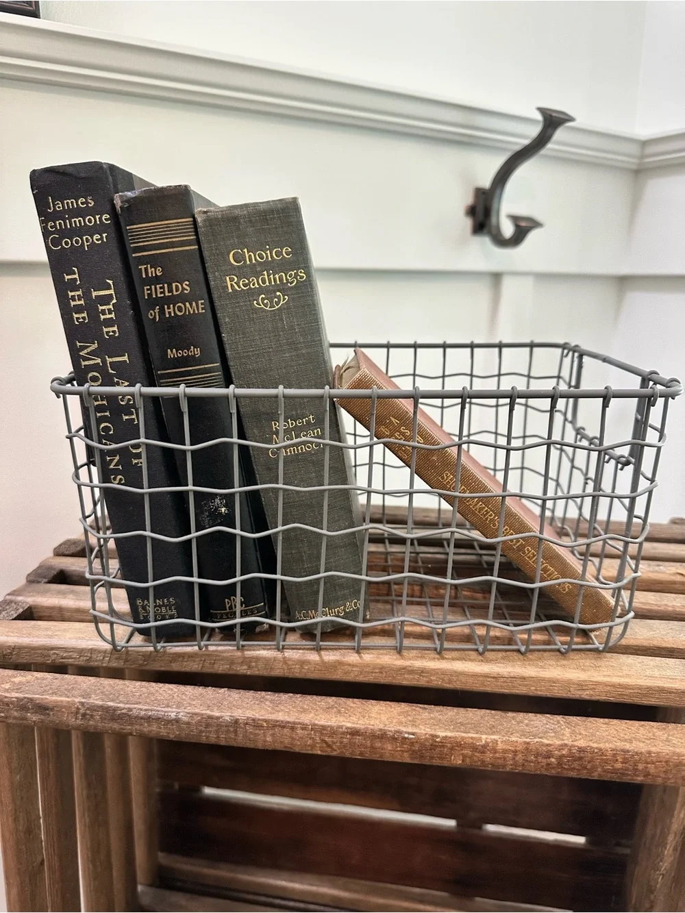 Gray Wire Storage Basket with 4 Vintage Books Home Accents Decor